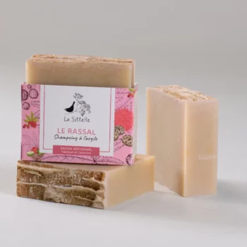 présentation trio de shampoing solide en saponification à froid, à l'argile Rassal