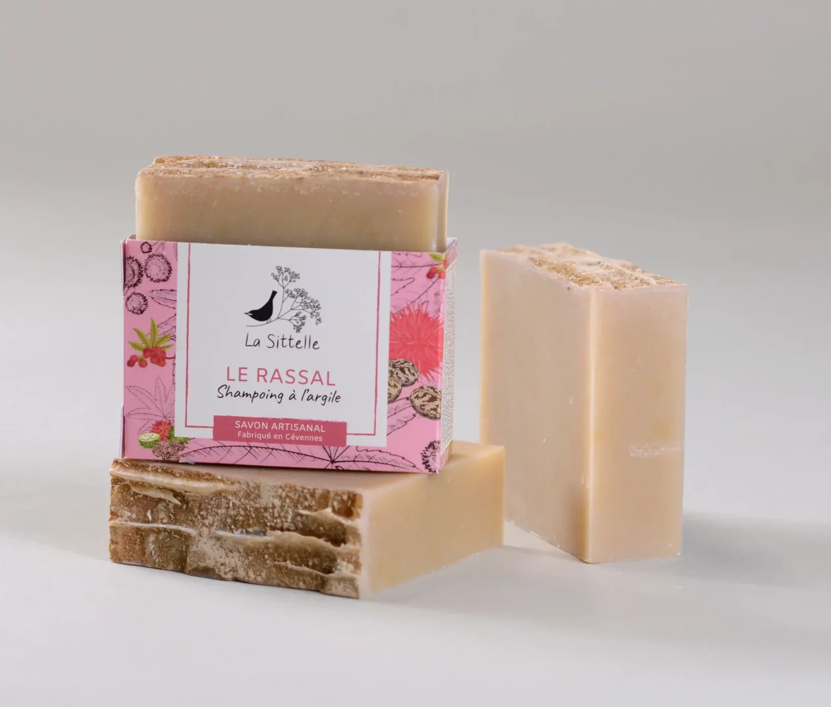 Shampoing à l'Argile "Le RASSAL" 1 présentation trio de shampoing solide en saponification à froid, à l'argile Rassal